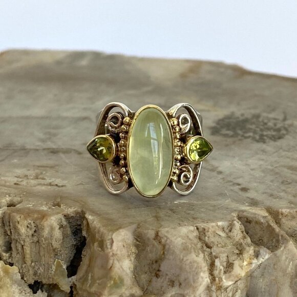 Michou Sterling Silver 925 Vermeil Oval Prehnite Peridot Scrollwork Ring Sz 6.25 - Picture 12 of 16